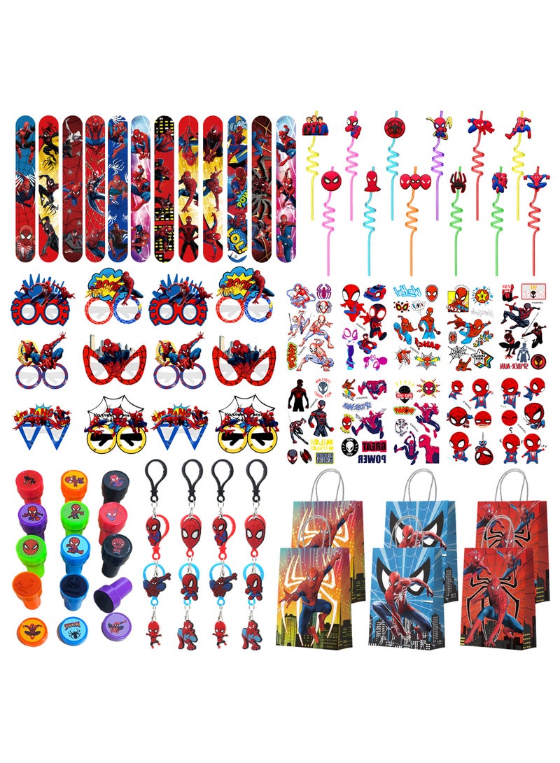 ILovhaprty Spider-Man Party Favors for 12 Guests, 84PCS Superhero Birthday Party Favor Set with Slap Bracelets, Stickers, Keychains, Stampers, Paper Glasses, Straws & Gift Bags – Spider-Man Birthday Party Supplies - Image 1